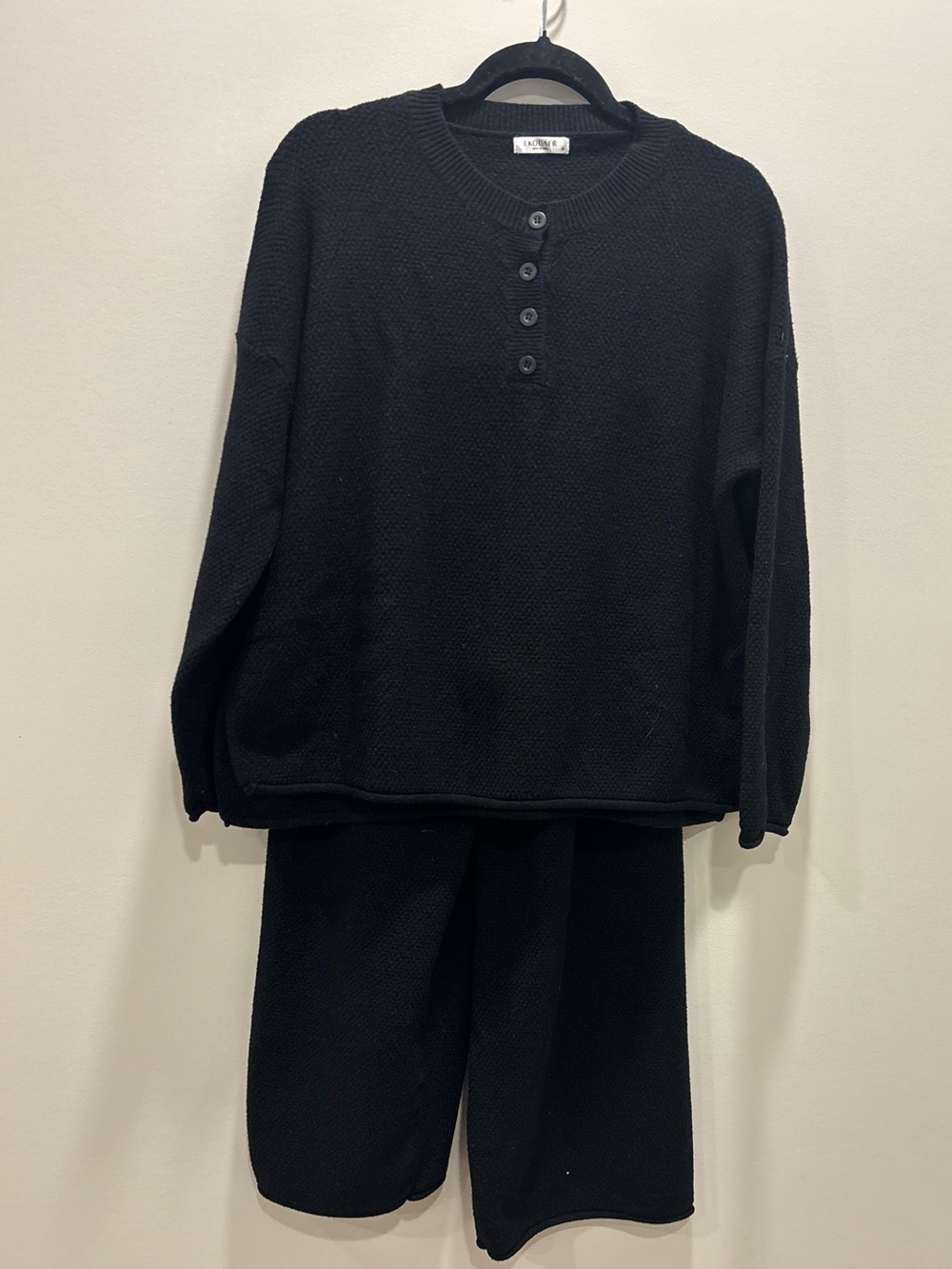 Ekouaer Black Textured Knit Lounge Set 2 Piece Henley Sweater & Wide Leg Pants